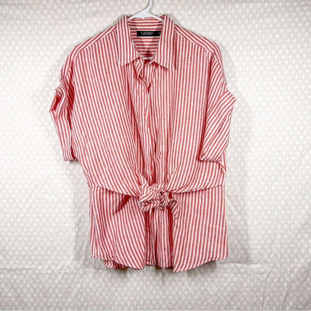 Lauren Ralph Lauren Black Label Red Striped Linen Tie Waist Top - Picture 2 of 5